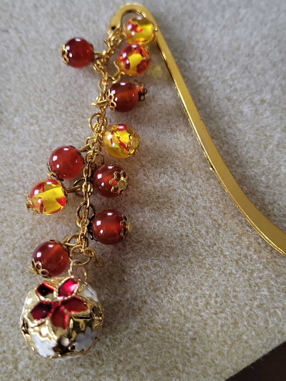 Gold-Tone Red and Yellow Beaded Dangle Bookmark Charm